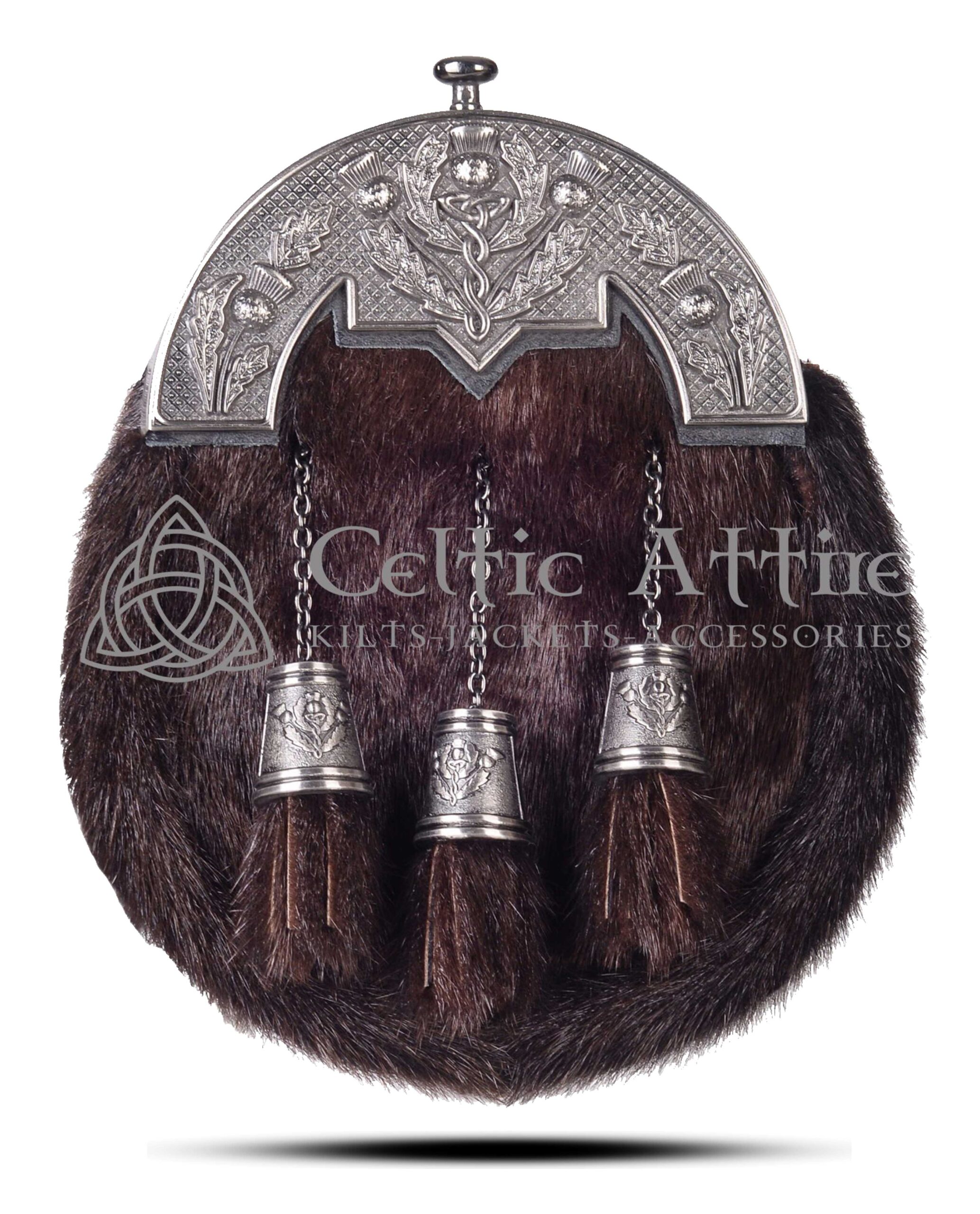 Brown Seal Fur Full Dress Sporran Nickle Brushed Thistle Cantle