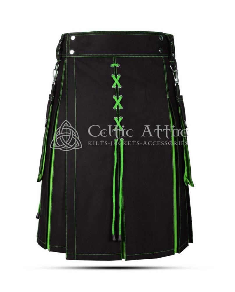 Green-Black-Hybrid-Utility-Kilt-Front-View Green Black Hybrid Utility Kilt