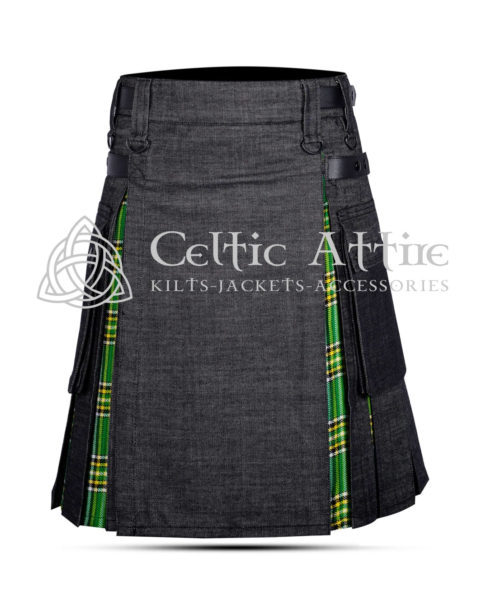 Krewe-of-Shamrock-Black-Denim-Hybrid-Utility-Kilt-front-view