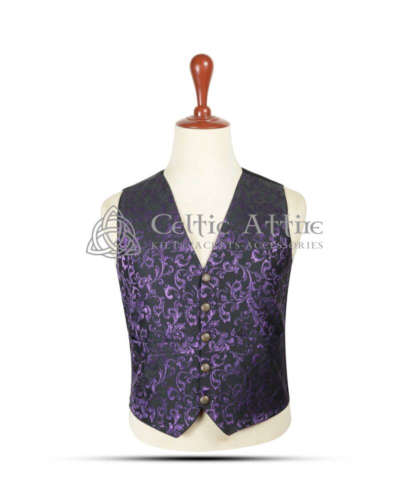 Purple-Brocade-5-Buttons-Waistcoat-Front-View Purple-Brocade-5-Buttons-Waistcoat-Front-View