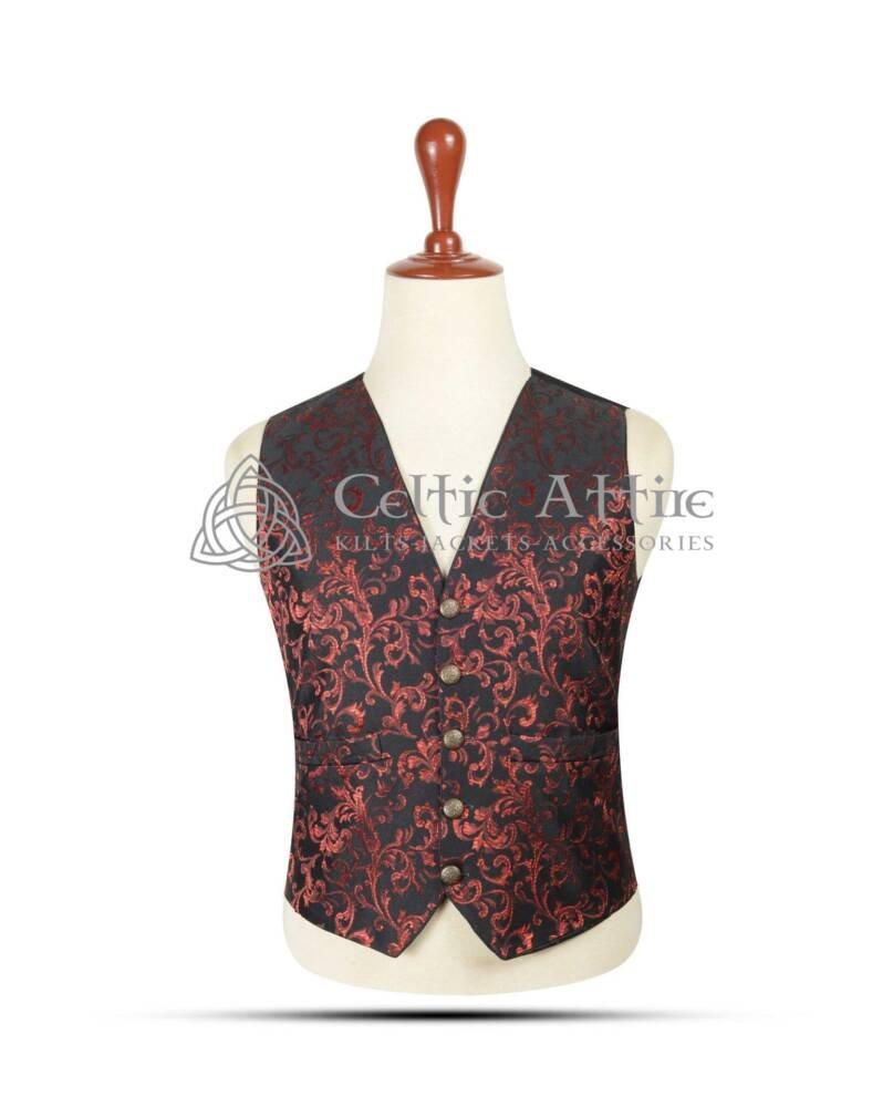 Red-Brocade-5-Buttons-Waistcoat-front-View Red-Brocade-5-Buttons-Waistcoat-front-View