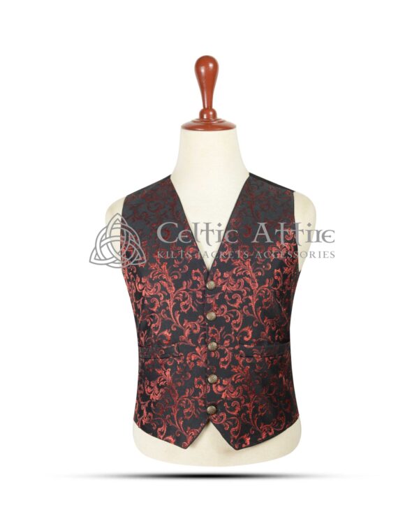 Red-Brocade-5-Buttons-Waistcoat-front-View