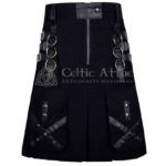 Black Cotton Gothic Kilt with Leather Patches