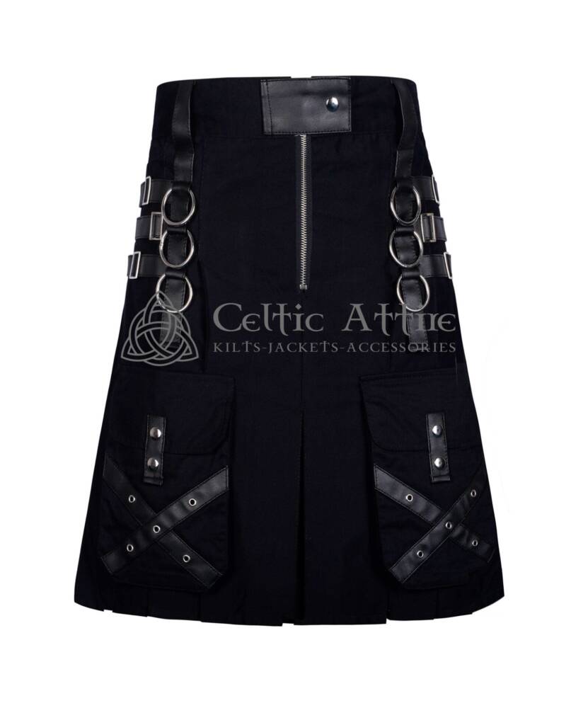 Black-Cotton-Gothic-Kilt-with-Leather-Patches-Front-View Black Cotton Gothic Kilt with Leather Patches