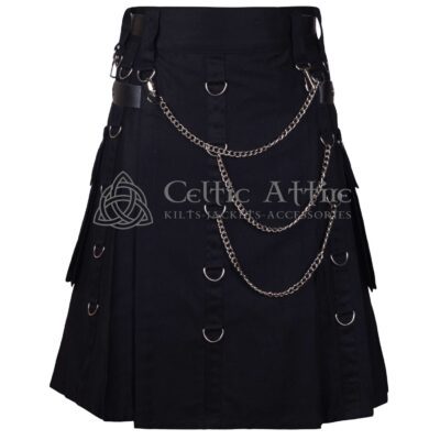 Black Gothic Cotton Kilt with Silver Chains