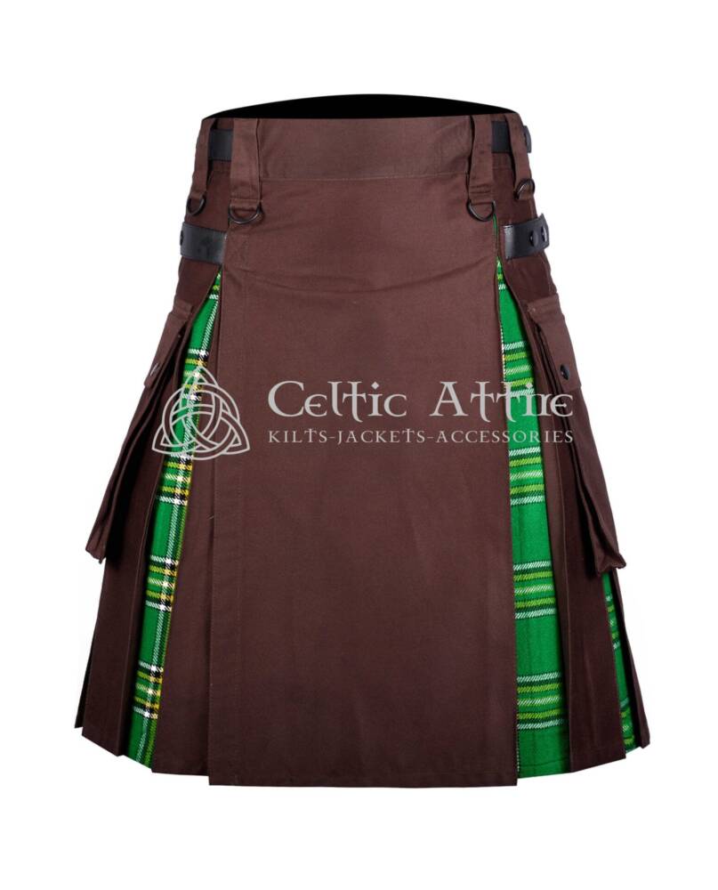 Brown-Cotton-Irish-Tartan-Hybrid-Utility-Kilt-Front-View Brown Cotton Irish Tartan Hybrid Utility Kilt