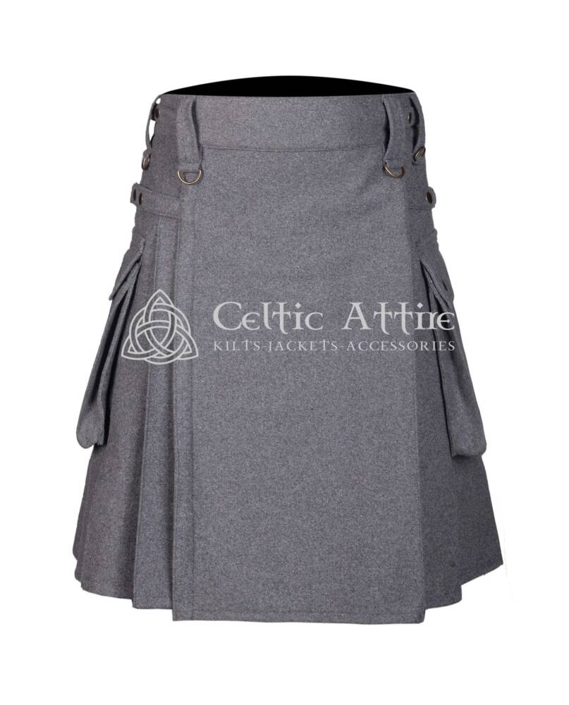 Gray-Wool-Utility-Kilt-Front-View Gray Wool Hybrid Utility Kilt