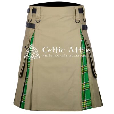 Khaki Cotton Irish Tartan Hybrid Utility Kilt