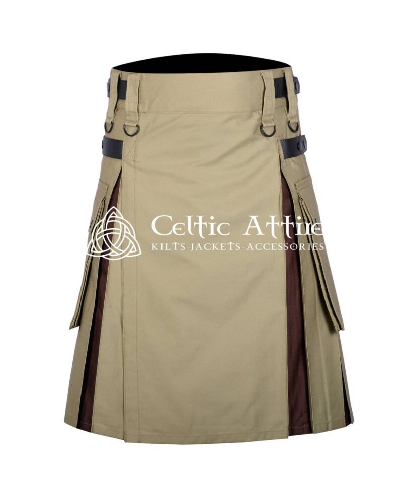 Khaki-and-Brown-Cotton-Hybrid-Utility-Kilt-Front-View Khaki and Brown Cotton Hybrid Utility Kilt