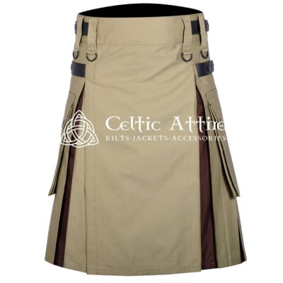 Khaki and Brown Cotton Hybrid Utility Kilt
