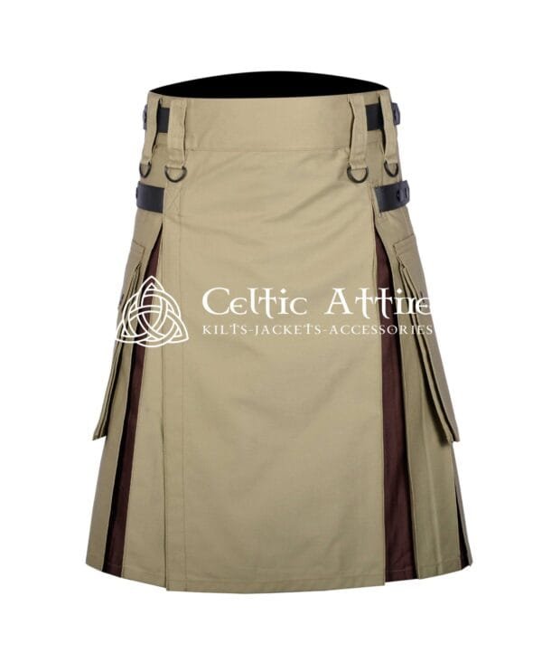 Khaki and Brown Cotton Hybrid Utility Kilt