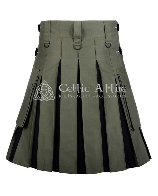 Olive Green Cotton Black Tartan Hybrid Utility Kilt - Image 2