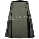 Olive Green Cotton Black Tartan Hybrid Utility Kilt