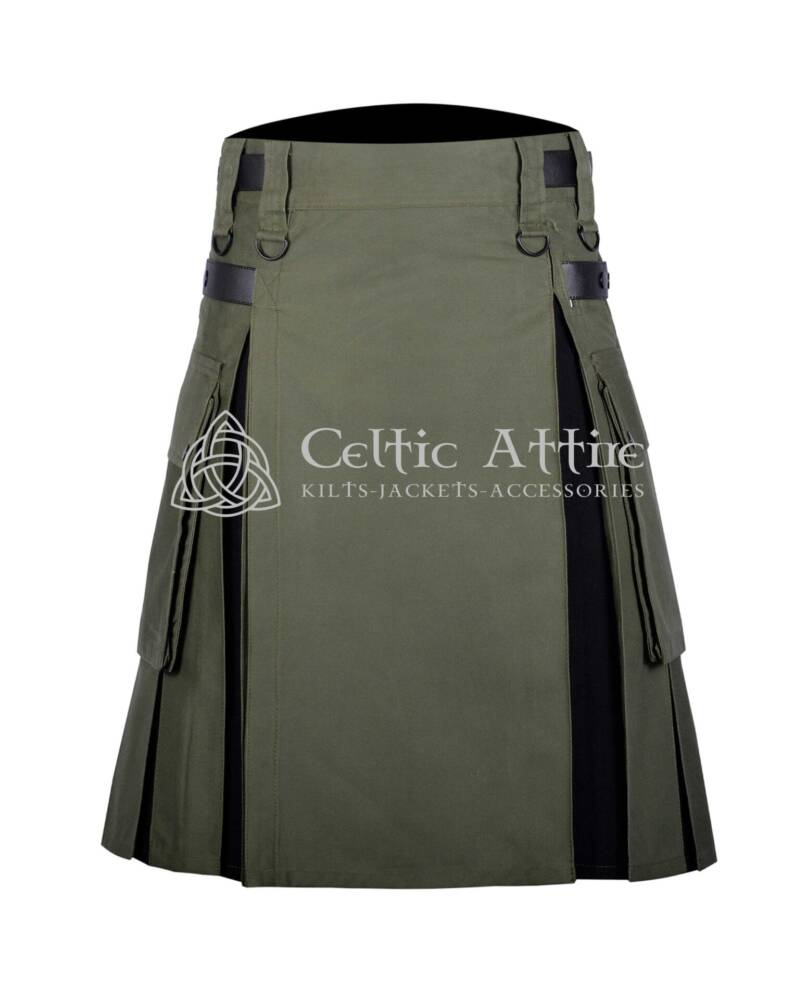 Olive-Green-Cotton-Black-Tartan-Hybrid-Utility-Kilt-Front-View Olive Green Cotton Black Tartan Hybrid Utility Kilt