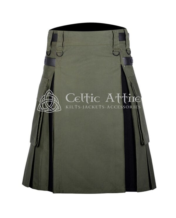 Olive Green Cotton Black Tartan Hybrid Utility Kilt