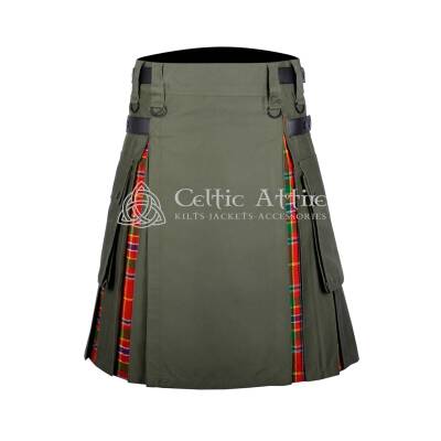Olive Green Cotton Wallace Tartan Hybrid Utility Kilt