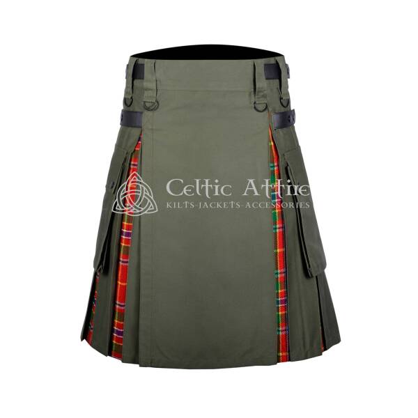 Olive Green Cotton Wallace Tartan Hybrid Utility Kilt