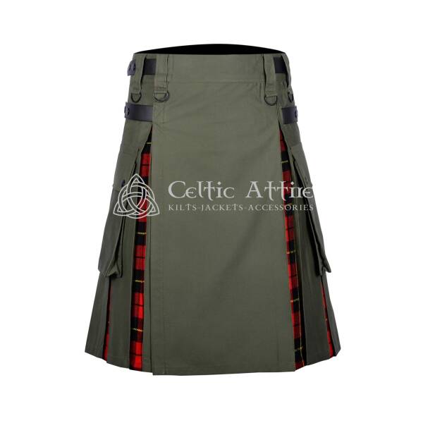 Olive Green Cotton Wallace Tartan Hybrid Utility Kilt - Image 2