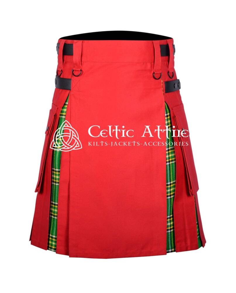Red-Cotton-Irish-Tartan-Hybrid-Utility-KIlt-Front-View Red Cotton Irish Tartan Hybrid Utility Kilt