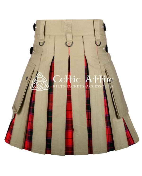 Khaki Cotton Scottish Rose Tartan Hybrid Utility Kilt - Image 3