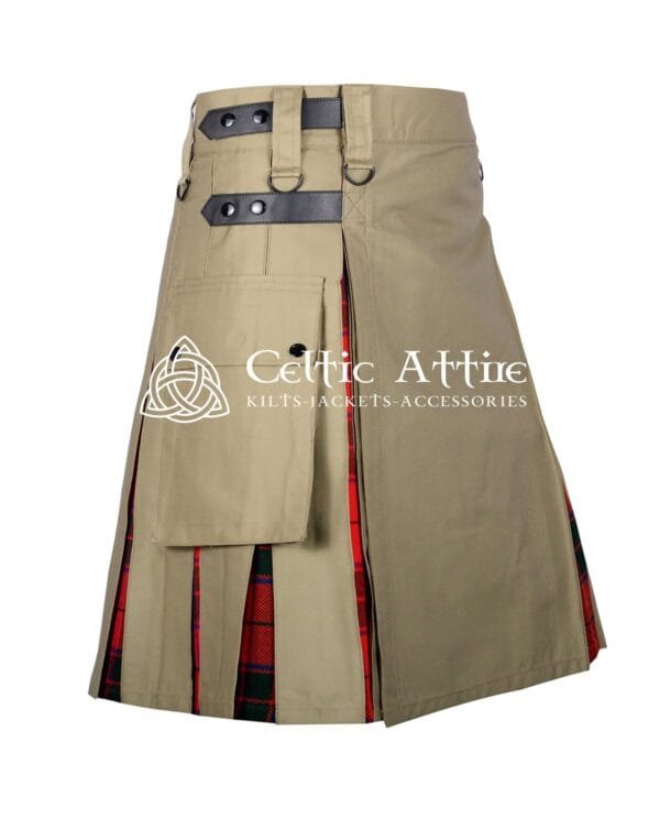 Khaki Cotton Scottish Rose Tartan Hybrid Utility Kilt - Image 2