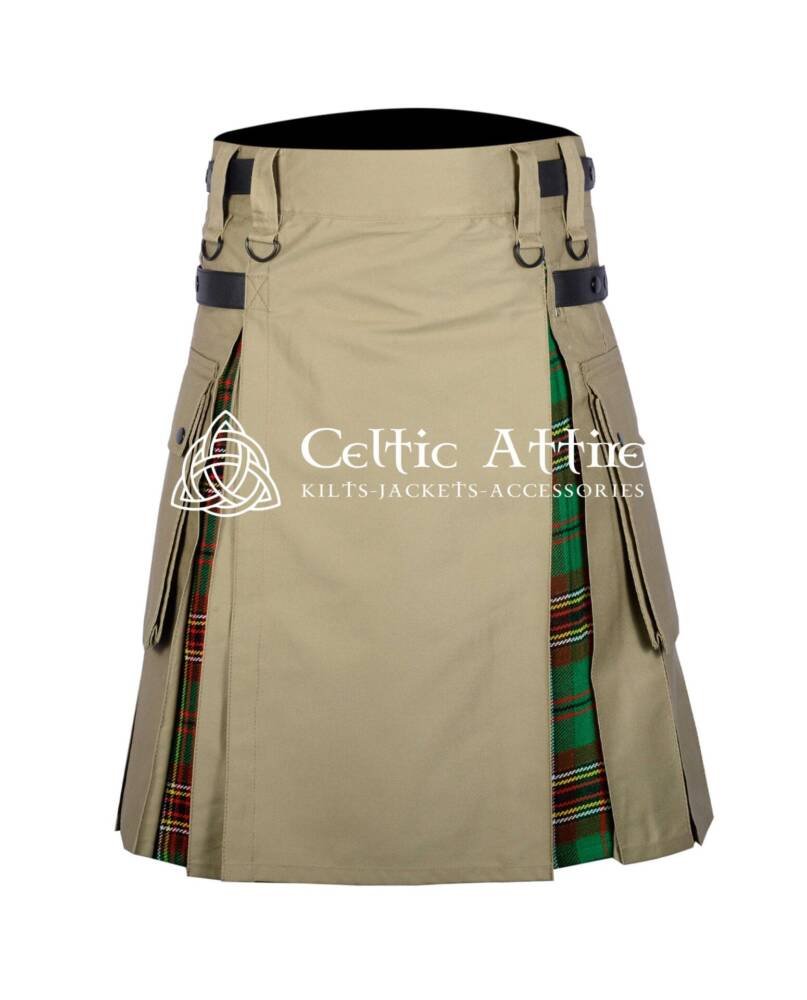 Tara-Murphy-Tartan-Hybrid-Utility-Kilt-Front-View (2) Khaki Cotton Tara Murphy Tartan Hybrid Utility Kilt