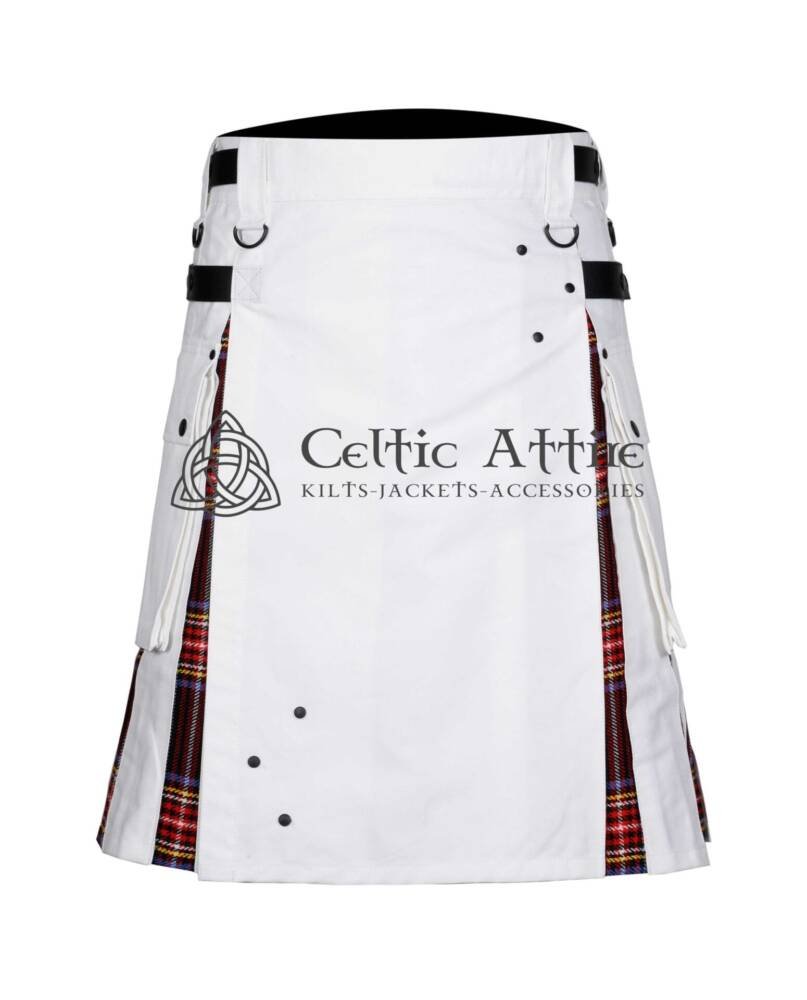 White-Cotton-Stewart-Black-Tartan-Hybrid-Utility-Kilt-Front-View White Cotton Stewart Black Tartan Hybrid Kilt