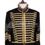 Black Wool Coyote Fur Gold Braided Military Jacket