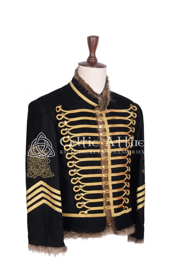 Black Wool Coyote Fur Gold Braided Military Jacket - Image 2