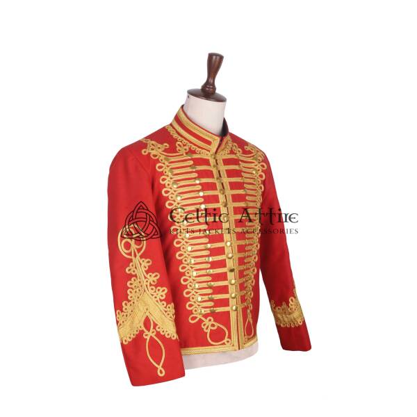 Red Wool Gold Braided Military Doublet Jacket - Image 3