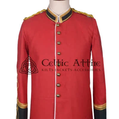 Made from high-quality red wool for warmth, durability, and comfort Classic military-inspired design with a tailored, structured fit Brass buttons down the front add vintage military detailing High collar provides a refined, bold appearance Tailored waist for a sleek, flattering silhouette Cuffs detailed with brass button accents for added symmetry Ideal for formal events, reenactments, or costume occasions