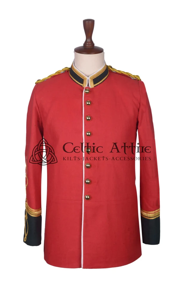 Made from high-quality red wool for warmth, durability, and comfort Classic military-inspired design with a tailored, structured fit Brass buttons down the front add vintage military detailing High collar provides a refined, bold appearance Tailored waist for a sleek, flattering silhouette Cuffs detailed with brass button accents for added symmetry Ideal for formal events, reenactments, or costume occasions