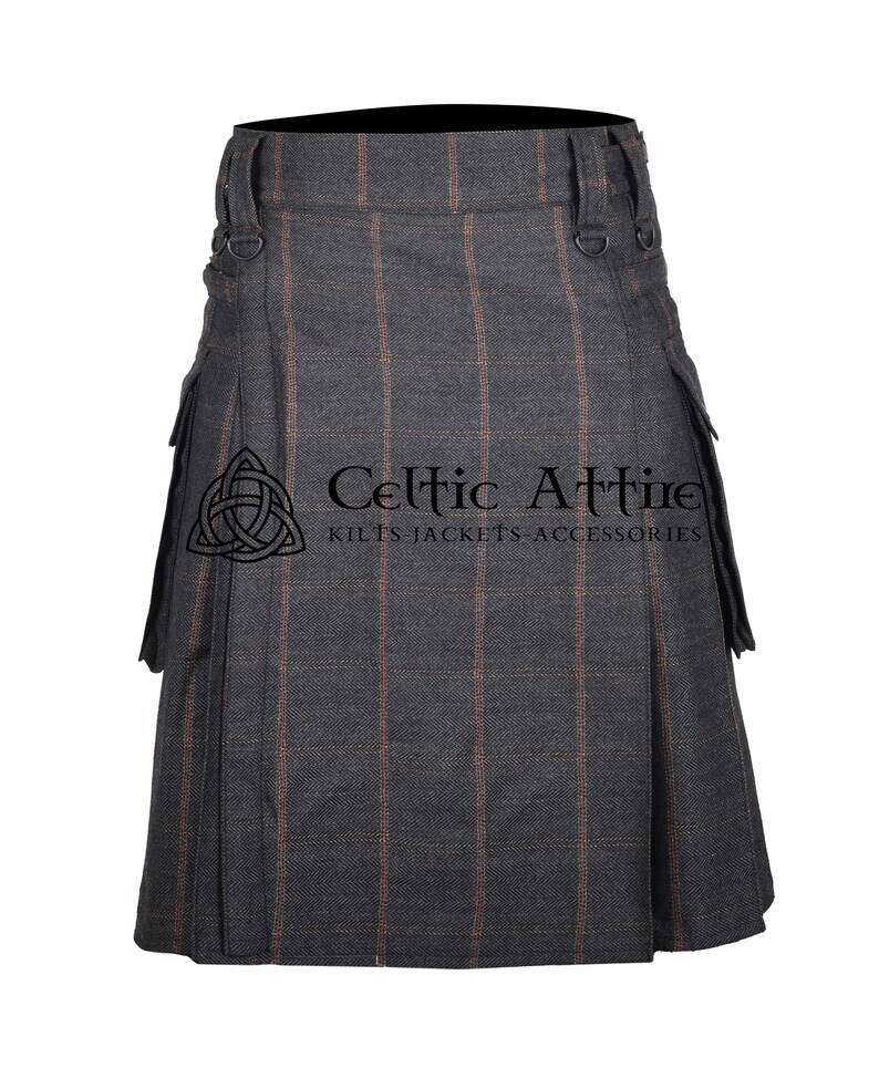 Charcoal Plaid Grey Tweed Wool Scottish Utility Kilt Charcoal Plaid Grey Tweed Wool Scottish Utility Kilt