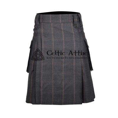 Charcoal Plaid Grey Tweed Wool Scottish Utility Kilt