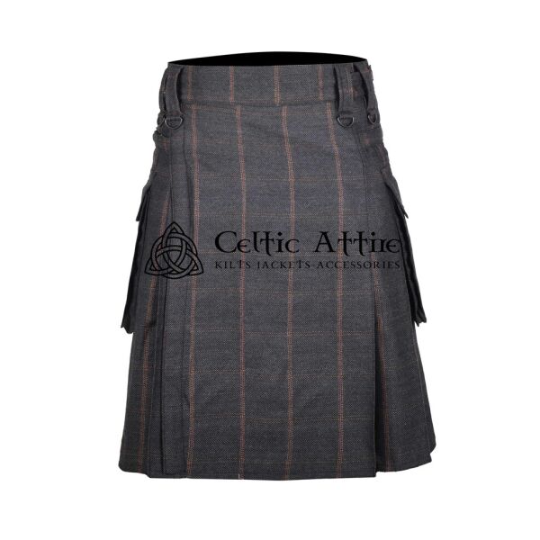 Charcoal Plaid Grey Tweed Wool Scottish Utility Kilt