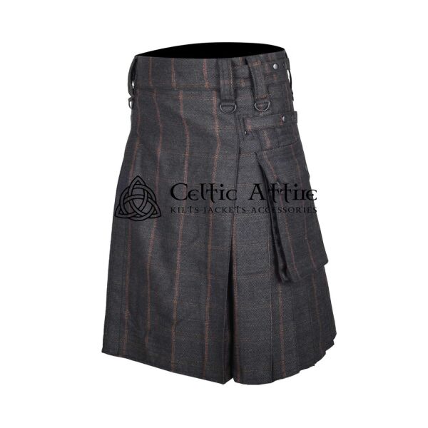 Charcoal Plaid Grey Tweed Wool Scottish Utility Kilt - Image 2