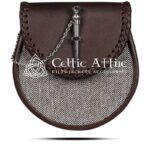 Brown Leather Sporran Gray Tweed Fabric