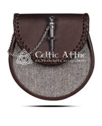 Brown Leather Sporran Gray Tweed Fabric