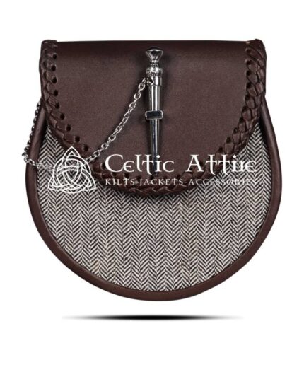 Brown Leather Sporran Gray Tweed Fabric