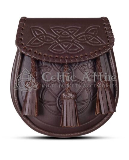 Brown Leather Celtic Embossed Sporran Scottish Kilt Sporran
