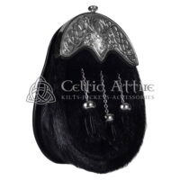 Black Seal Fur Full Dress Sporran Stag Head Silver Cantle
