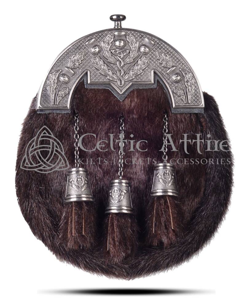 Brown Seal Fur Full Dress Sporran Nickle Brushed Thistle Cantle Brown Seal Fur Full Dress Sporran Nickle Brushed Thistle Cantle