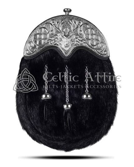 Black Seal Fur Full Dress Sporran Stag Head Silver Cantle