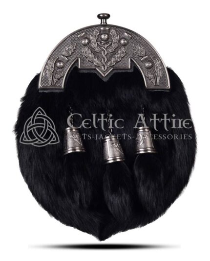 Black Rabbit Fur Full Dress Sporran Nickle Brushed Thistle Cantle