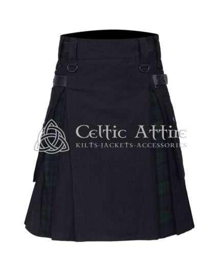 Black Cotton and Black Watch Tartan Hybrid Kilt