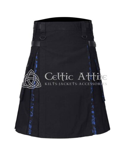 Black Cotton Blue Brocade Hybrid Utility Kilt