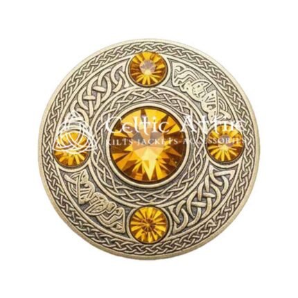 Scottish Fly plaid Brooch Pin Yellow Crystal