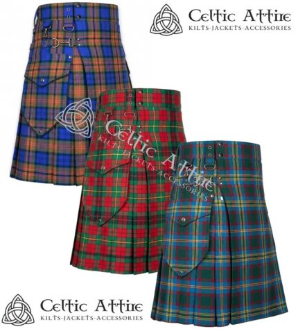 Irish County tartan utility kilt for men with cargo pockets front view