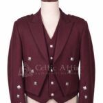 Men's maroon Prince Charlie jacket and waistcoat set with silver buttons, front view
