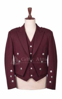 Men's maroon Prince Charlie jacket and waistcoat set with silver buttons, front view